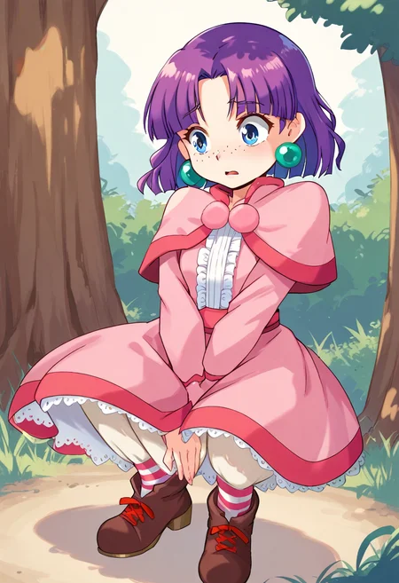 score_9, score_8_up, score_7_up, best quality, uncensored, source_anime, BREAK
1girl, solo, sue(grandia), purple hair, medium hair, hair ribbon, blue eyes, green earrings, freckles, capelet, pink dress, sue(grandia) outfit, striped socks, brown shoes,
anxious, downblouse, squatting, outdoors, 
<lora:sdxl_lightning_8step_lora:1>  <lora:sue(grandia)_XL(pony):1>