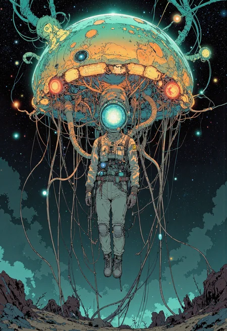 masterpiece, high-quality, A lone astronaut floats in the vast expanse of space, tethered to a colossal, bioluminescent jellyfish that drifts through a nebula of swirling emerald and gold. The camera captures the scene from a wide, cinematic angle, emphasizing the astronaut's isolation against the backdrop of cosmic grandeur. The jellyfish's translucent bell pulsates with an inner light, casting ethereal glows upon the astronaut's visor, reflecting the hyperdetailed tapestry of distant galaxies. The scene evokes a sense of wonder and the delicate balance between human exploration and the mysteries of the universe, <lora:FLUX\Anime v1.3:0.5> <lora:FLUX\Blue_Future:0.6> <lora:FLUX\Flux.1_MechanicalBloom:0.5> <lora:FLUX\ck-nc-luminal-genesis-000016:0.6> <lora:FLUX\DarksunRiddV4:0.6>