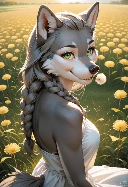 score_9, score_8_up, score_7_up, score_6_up,  female Anthro, White Cheeks, gray fur, green eyes, beautiful eyes, wolf tail, Gray Long Hair, Swept Bangs, Gray Twinbraids, on field, dandelion in mouth, yellow dandelion flower, biting dandelion, sideview, sitting in gras, meadow, golden hour, smile, from above