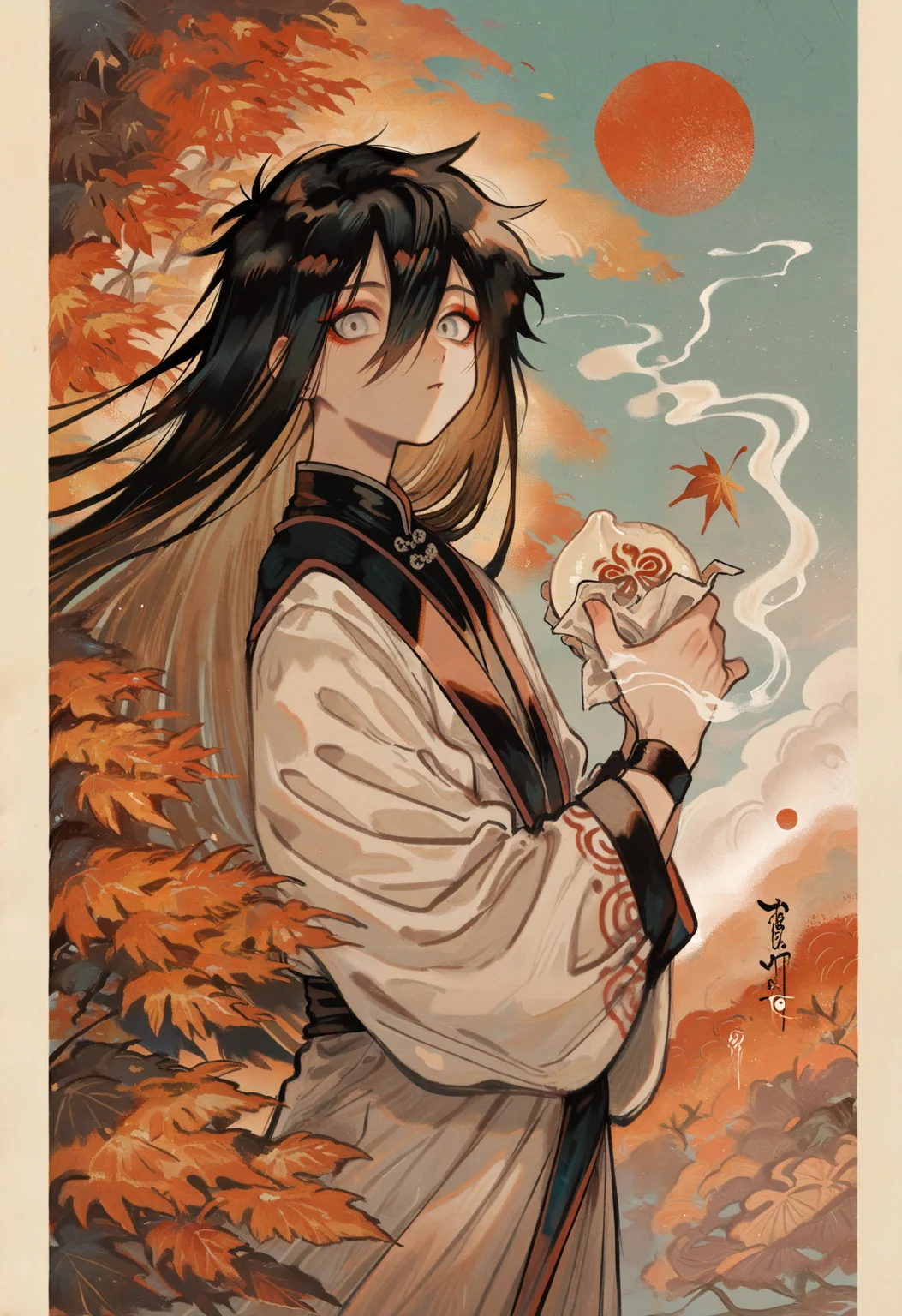 1boy, male focus, autumn, autumn leaves, robe, baozi, grey eyes, red eyeshadow, hair between eyes, leaf, camelia, from side, looking at viewer, high collar, wind, wristband, pillarboxed, blue sky, red sun,
masterpiece, best quality, amazing quality, absurdres, newest,
<lora:tsubonari:1>