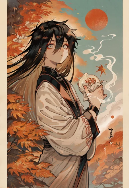 1boy, male focus, autumn, autumn leaves, robe, baozi, grey eyes, red eyeshadow, hair between eyes, leaf, camelia, from side, looking at viewer, high collar, wind, wristband, pillarboxed, blue sky, red sun,
masterpiece, best quality, amazing quality, absurdres, newest,
<lora:tsubonari:1>