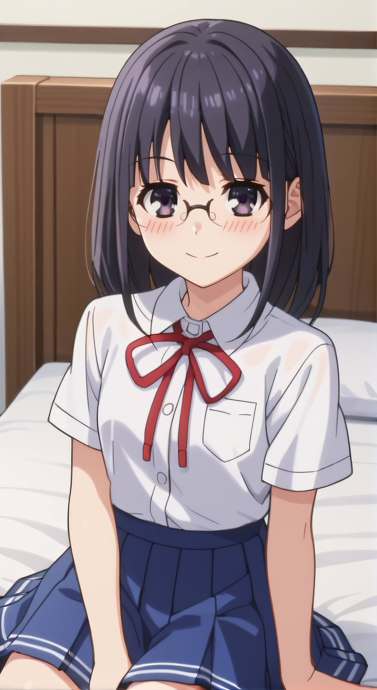 score_9, score_8_up, score_7_up, source_anime, rating_safe, intricate details, anime screencap, official style, anime coloring, 1girl, solo, <lora:Fujibakama_Mii:1>, fujibakamamii, dark hair, dark eyes, glasses, school uniform, white shirt, short sleeves, pleated skirt, blue skirt, looking at viewer, smile, indoor, cowboy shot, sitting on bed, from above, blush