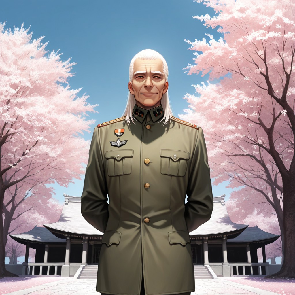 masterpiece, best quality, amazing quality, absurdres, newest, detailed background, definition so sharp, Ultra-HD, 8K cinematic, very awa, impressionate, amazing quality, highres, 
solo, male focus, manly, 
daikakukokujouji, lieutenant_white hair, lieutenant_brown eyes, 1boy, solo, old man, long hair, standing, hands behind back, serene expression,military uniform, sharp, confident posture, temple grounds, cherry blossoms, blue sky, respectful, dignified, composed, watchful, protective, subtle smile