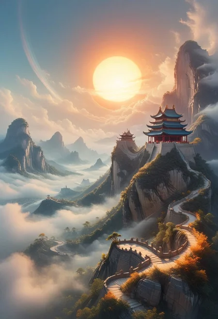 The sun has risen and is casting its light on the Chinese wall . The Chinese wall has awakened,  I return with the same fervor as before, my soul as joyful as ever, eager to serve you. Joy surrounds me from every corner. A rich and complex oil painting of sounds, a living tapestry woven from the hues and textures captured by a digital mirrorless camera. This melody creates an enchanting and haunting shot world full of intricate details that invite you to listen and discover, Chinese wall,  best quality, double exposure, realistic, whimsical, fantastic, splash art, intricate detailed, hyperdetailed, maximalist style, psychedelic, post-apocalyptic, photorealistic, concept art, sharp focus, harmony, serenity, tranquility, morning sky, surrounding clouds, mysterious glow, perfectly round sun,
ambient occlusion, halation, cozy ambient lighting, dynamic lighting, double exposure, mentixis, metix, linquivera, liiv1, award winning, a masterpiece, BadDream, ais-lineart, vivid colors,