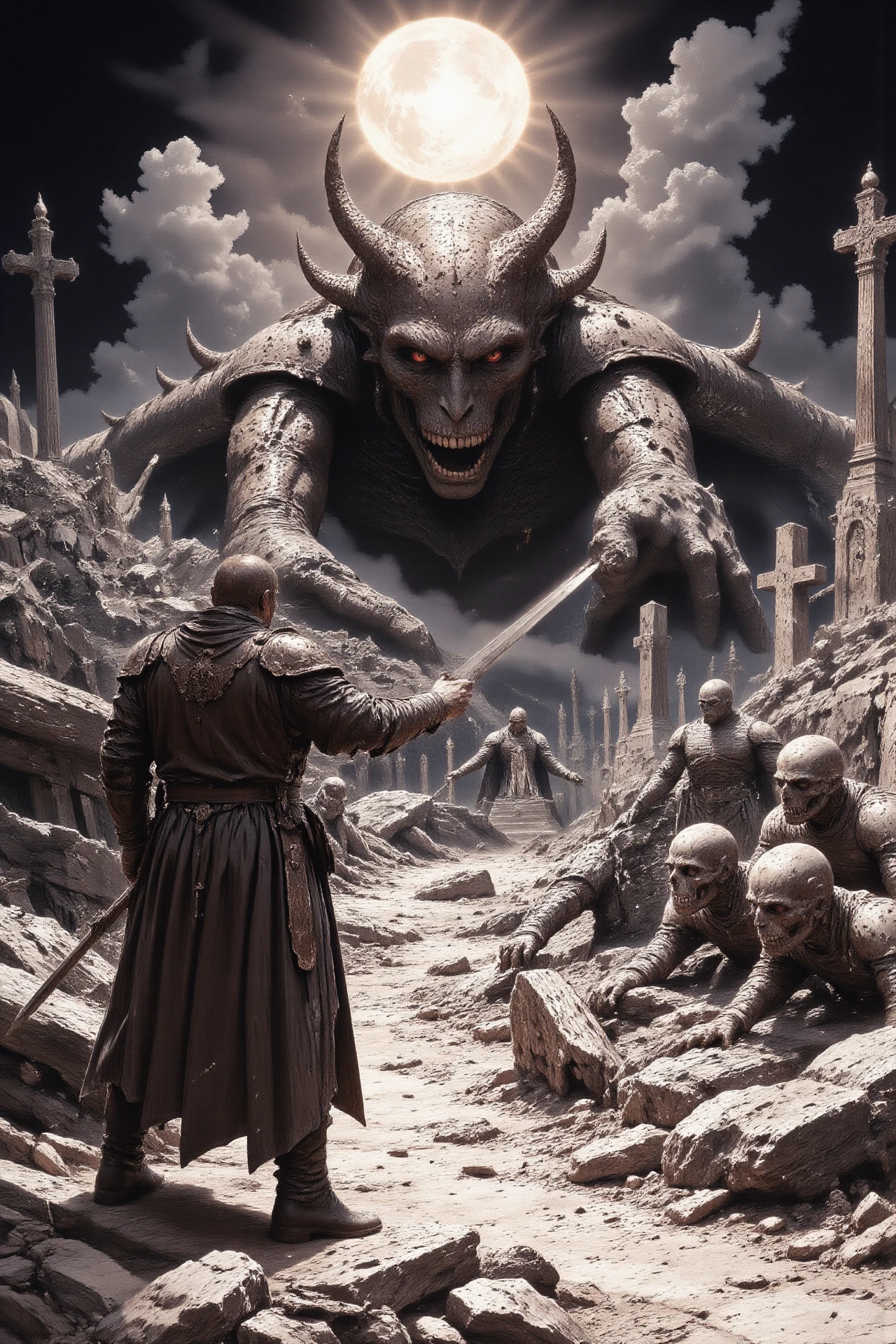 terror horror fantasy landscape, graveyard, comics, very detailed medieval warrior  holding a sword fighting against a group of esquletons, vampires and monsters, (multilayer paint splash style),  <lora:Hand v2:1> <lora:Anti-Blur:1> <lora:Insane Detail Slider:0.5>   <lora:Flux.1_Turbo_Detailer:0.6>   <lora:flux-photo-transparent_Alpha_1.0:0.8> <lora:flux.1_lora_flyway_Epic-detail_v2:1>   <lora:FluxMythP0rtr4itStyle:0.8> mythp0rt <lora:zy_Dark_Fantasy_Flux:0.5> <lora:Wraith_BW_Flux:0.3> B&W