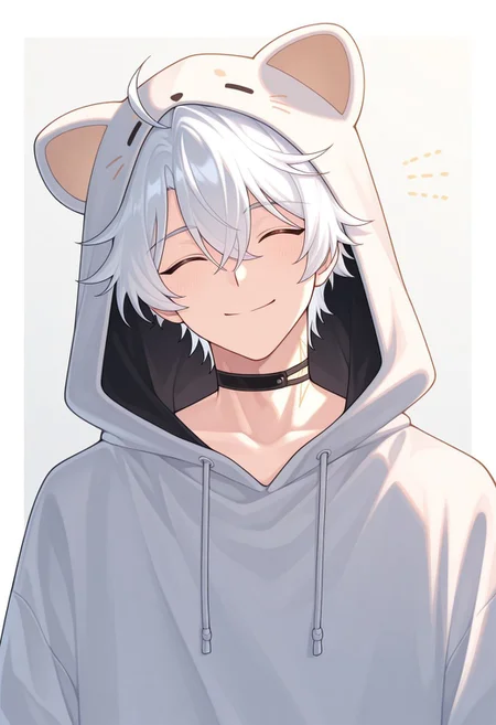 masterpiece,best quality,amazing quality, source_anime,
Phainonhsr, 1boy, male focus, solo, closed eyes, white hair, black choker, neck tatto, hoodie, animal hood, hood up, smile,