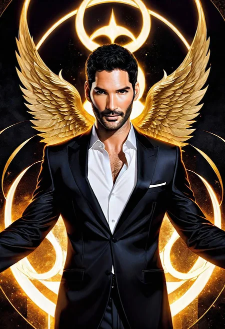 hyper detailed handsome Lucifer Morningstar (Tom Ellis), coherent rugged face, wavy luxurious hair, on black velvet canvas, centered composition, rule of thirds, drop shadowed, art by Todd McFarlane, charlie bowater, tom wood, keith garvey