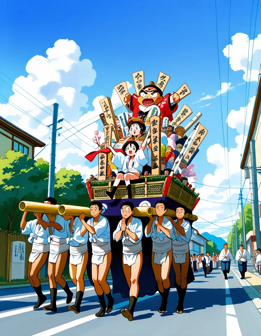 score_7_up, anime BREAK official art,
<lora:yamakasa-000007:1>, yamakasa,
day, multiple boys, multiple girls, 6+boys, outdoors, sky, cloud, shimekomi, mizuhappi, from below, tabi, road, power lines, utility pole, parade float, kakiyama, carrying float,
(masterpiece:1.3), best quality, high resolution, unity 8k wallpaper, extremely detailed CG, 8K, (watercolor \(medium\), muted color, sketch:1.1), perfect anatomy, highly finished, masterpiece, best quality, high quality, amazing quality, great quality, very aesthetic, ultra detailed, highres, absurdres, highly detailed, highly detailed background,
