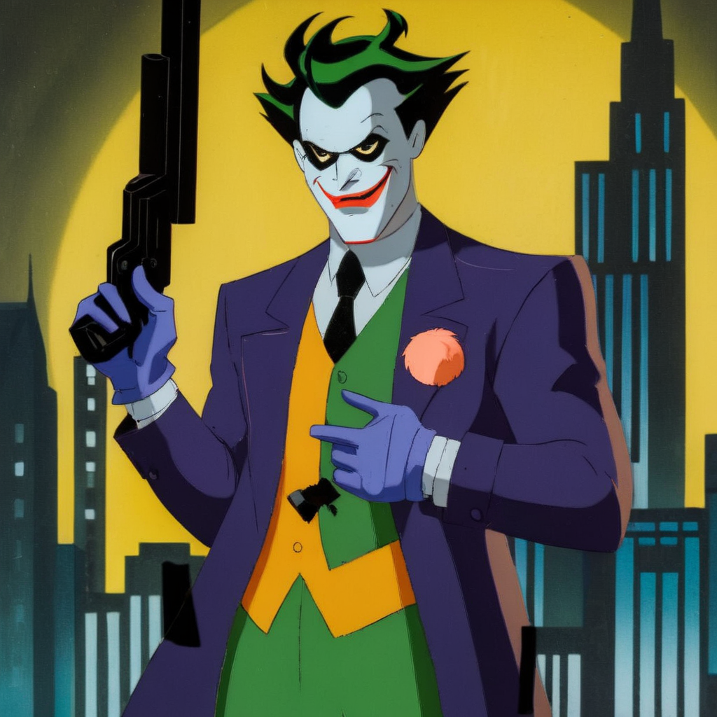 anime artwork of  <lora:Batman The Animated Series Style:1.2>
In Gotham City a cartoon of a joker holding a gun Batman The Animated Series Style, anime style, key visual, vibrant, studio anime,  highly detailed