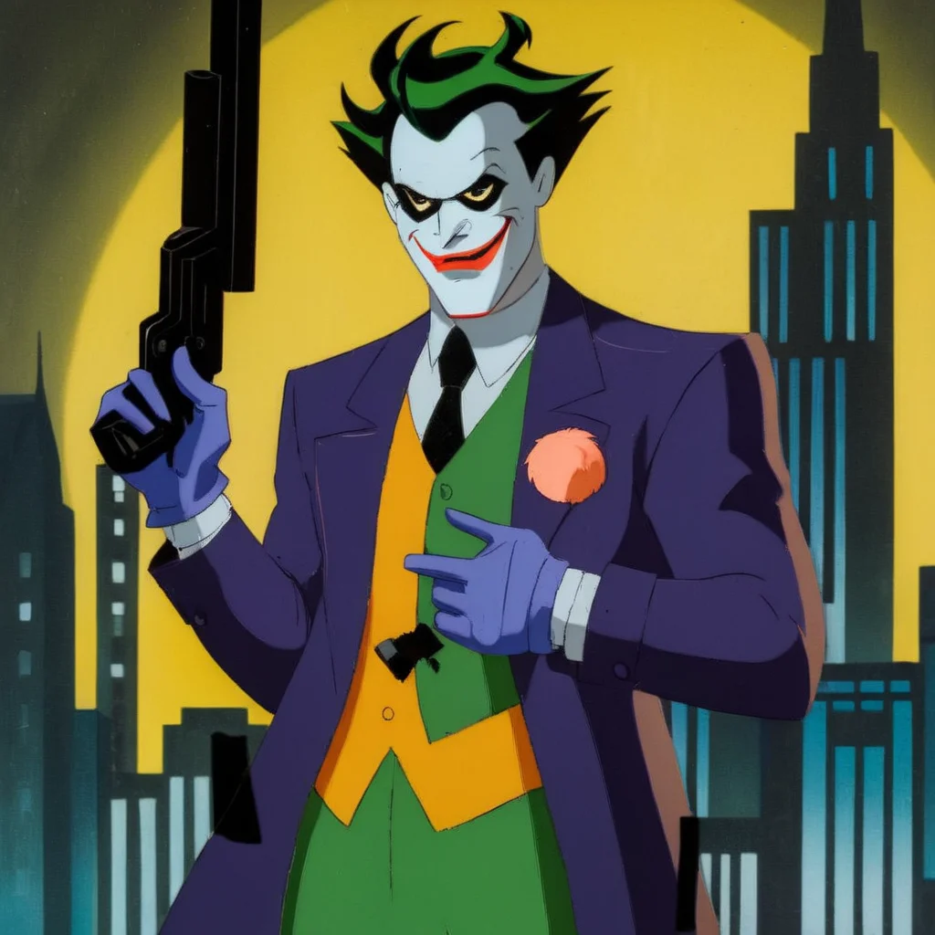 anime artwork of  <lora:Batman The Animated Series Style:1.2>
In Gotham City a cartoon of a joker holding a gun Batman The Animated Series Style, anime style, key visual, vibrant, studio anime,  highly detailed