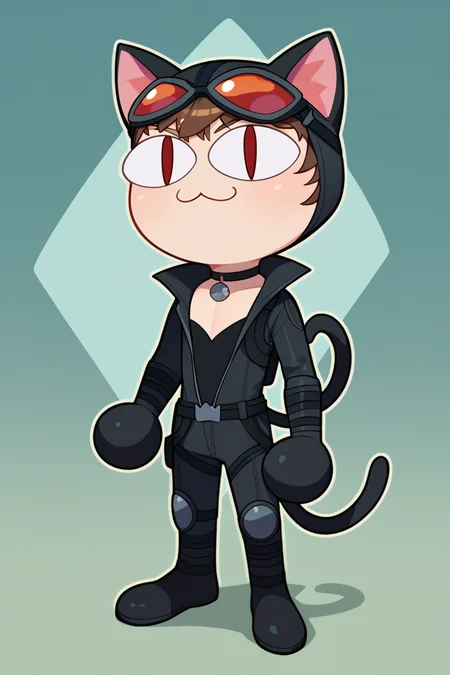 score_9, score_8_up, score_7_up, score_6_up, score_5_up, score_4_up, BREAK, solo, <lora:necoarc-guy-PONY-v1:.95>, necoarc, lit pupils, cat ears, chibi, :3, abstract background, full body, catwoman, choker,