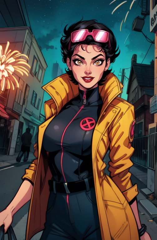 Jubilee,short black hair, brown eyes, solo, standing,  cowboy shot, shades on head, 
open yellow jacket,  black body suit,  smile, 
streets, chain fence, fireworks, retro, night, 
 (insanely detailed, beautiful detailed face, masterpiece, beautiful detailed eyes, best quality)
 <lora:jubilee-10v8:0.8>