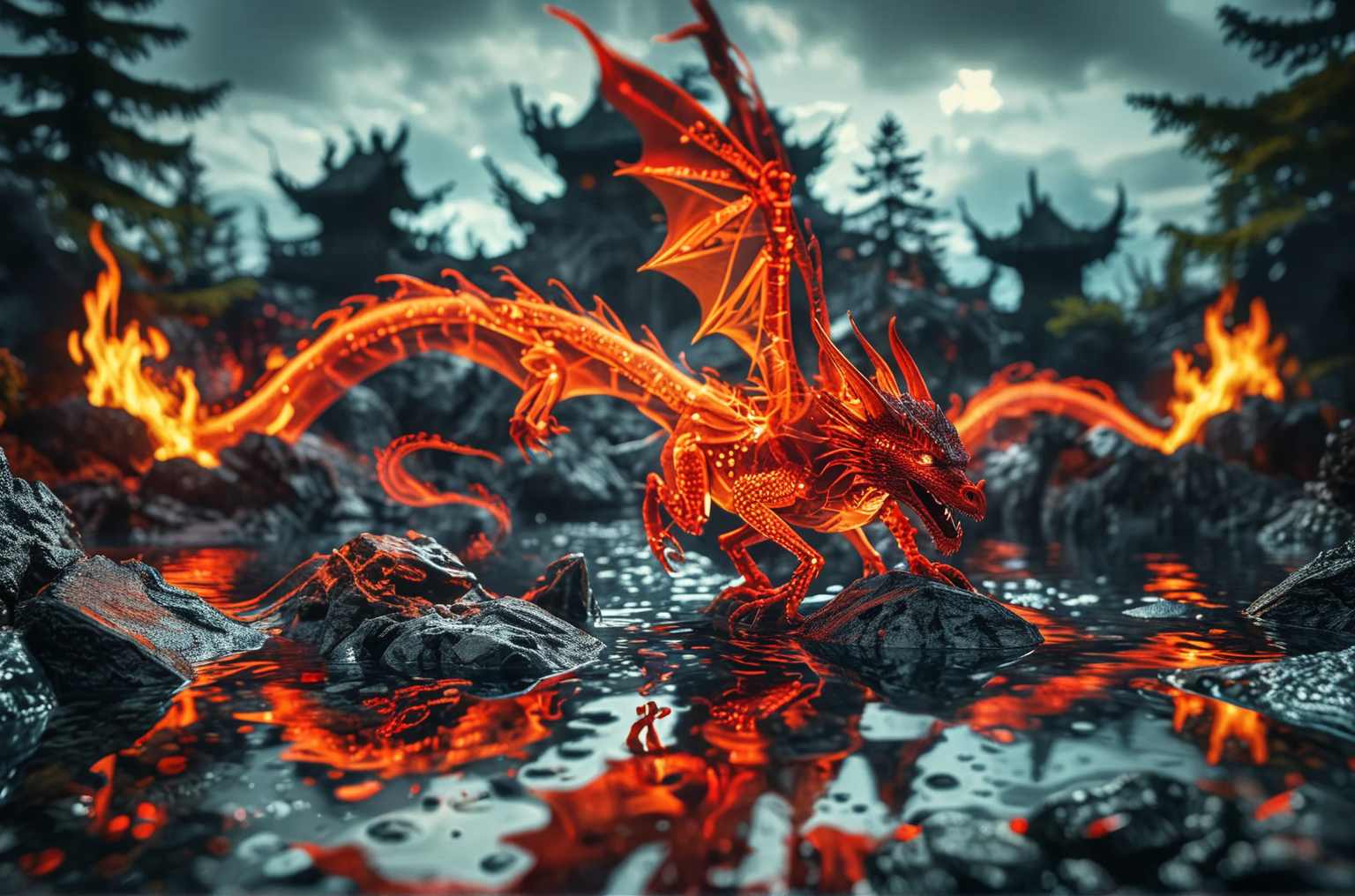Close up photo of a ((red dragon)) gliding over a lava pool, reflections in the water, volcanos in the style of double exposure, Art Nouveau, long exposure, layered lines, chiaroscuro, the best quality, masterpiece, absurdres, Long_Exposure ral-exposure, i <lora:ral-exposure-sdxl:0.700000>