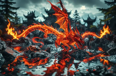 Close up photo of a ((red dragon)) gliding over a lava pool, reflections in the water, volcanos in the style of double exposure, Art Nouveau, long exposure, layered lines, chiaroscuro, the best quality, masterpiece, absurdres, Long_Exposure ral-exposure, i <lora:ral-exposure-sdxl:0.700000>