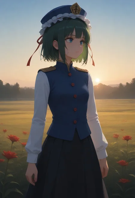 1girl, solo, solo focus, highres, absurdres, shikieiki, green hair, frilled hat, blue eyes, blue headwear, short hair,
long sleeves, black skirt, white shirt, blue vest, red ribbon, epaulettes, small breasts, 
looking afar,
dusk, flower field, red spider lily, gradient sky, backlighting,