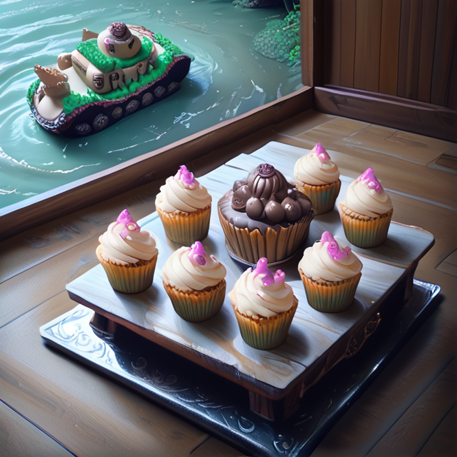 score_9, score_8_up, score_7_up, , <lora:cupcake_overdose_pony:0.8>,source_anime,anime style,,fantasy,high resolution,
CupcakeOverdose,, indoors,water,no humans,table,scenery,wooden floor,fantasy,carpet,tank vehicle on cupcake