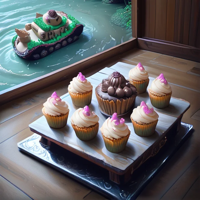 score_9, score_8_up, score_7_up, , <lora:cupcake_overdose_pony:0.8>,source_anime,anime style,,fantasy,high resolution,
CupcakeOverdose,, indoors,water,no humans,table,scenery,wooden floor,fantasy,carpet,tank vehicle on cupcake