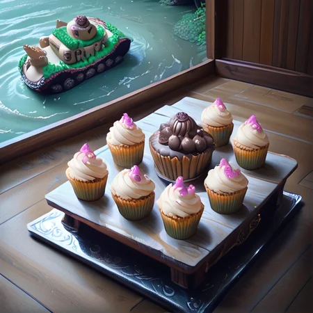 score_9, score_8_up, score_7_up, , <lora:cupcake_overdose_pony:0.8>,source_anime,anime style,,fantasy,high resolution,
CupcakeOverdose,, indoors,water,no humans,table,scenery,wooden floor,fantasy,carpet,tank vehicle on cupcake