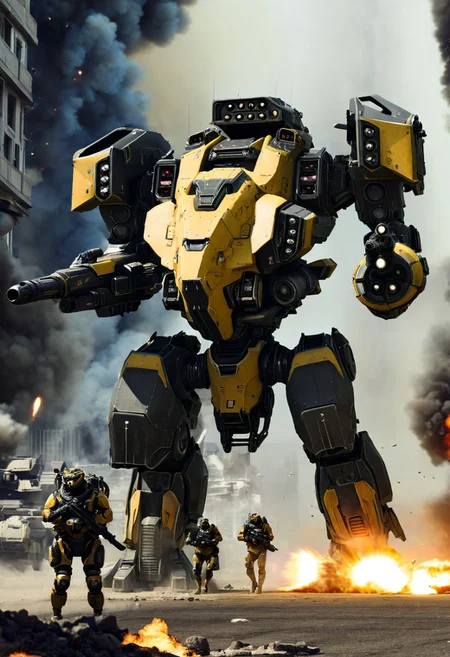 intricately detailed digital image, absurdres, <lora:mecha:1> HD32K 8K, <lora:add-detail-xl:1>, BREAK giant black and yellow mecha, robot, holding rocket launcher, aiming at viewer, firing rocket, <lora:mecha:1> BREAK on sci-fi futuristic city street, surrounded by soldiers in sci-fi futuristic body armor, size difference, smoke, explosions, ruins, armored vehicles, military aircraft
