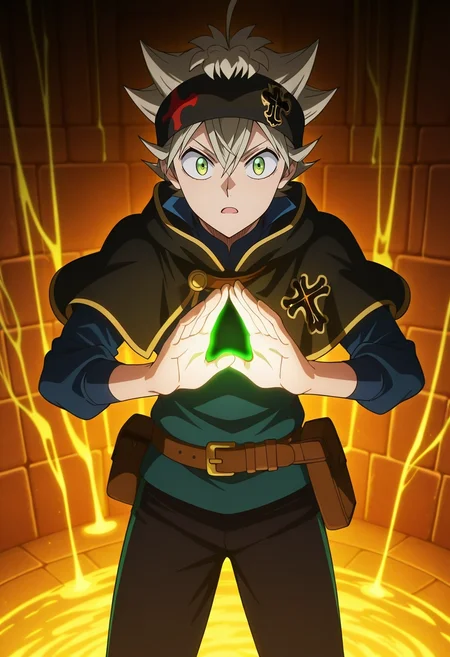 masterpiece, best quality, , anime screencap, anime coloring, official style, looking at viewer, 1boy, solo, male focus, <lora:asta_black_clover_ilxl:0.9>, asta_black_clover, grey hair, green eyes, short hair, spiked hair, black headband, black capelet, mystic cavern, shimmering stalactites, glowing streams, enchanted walls, discovering pose, awestruck expression, soft glow, Ski pants, Henley long-sleeve shirt, Moccasins, Military beret, Fanny Pack