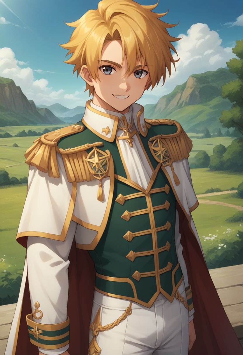 score_9, score_8_up, score_7_up, source_anime, 
cress, 1boy, male focus, solo, white pants, blonde hair, looking at viewer, epaulettes, smile, pants, cape, upper body,
outdoor,