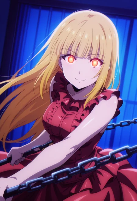 <lora:Shuka_Kurino:1>, Shuka Karino, 1girl, solo, blonde hair, long hair, blunt bangs, hair down, sidelocks, red eyes, two-toned eyes, orange eyes, medium breast, glowing eyes, sleeveless red dress, false smile, looking at viewer, holding weapon, chain
BREAK
inside, bedroom, nighttime, close-up
BREAK
anime screencap, anime coloring, anime colored background, detailed background, detailed face, shiny skin, shiny hair, absurdes, highres, dynamic pose, masterpiece, best quality, official art, cel shaded, graphic illustration, digital painting, CGI, very detailed, amazing quality, intricate details, dynamic pose, HDR, UHD, 8K, Fineline illustration, Highly detailed, ultra-fine painting, sharp focus, Professional, Vivid Colors <lora:add-detail-xl:1> <lora:DetailedEyes_V3:1> <lora:hand 5.5:1>
