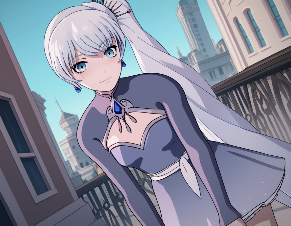 score_9, score_8_up, score_7_up, source_anime, <lora:weiss-schnee-ponyxl-lora-nochekaiser:1>, weiss schnee, long hair, blue eyes, hair ornament, ponytail, white hair, side ponytail, scar, tiara, scar on face, scar across eye,, dress, jewelry, earrings, blue dress,, cityscape, street, bent over, smile, looking at viewer, solo, cowboy shot, dutch angle
