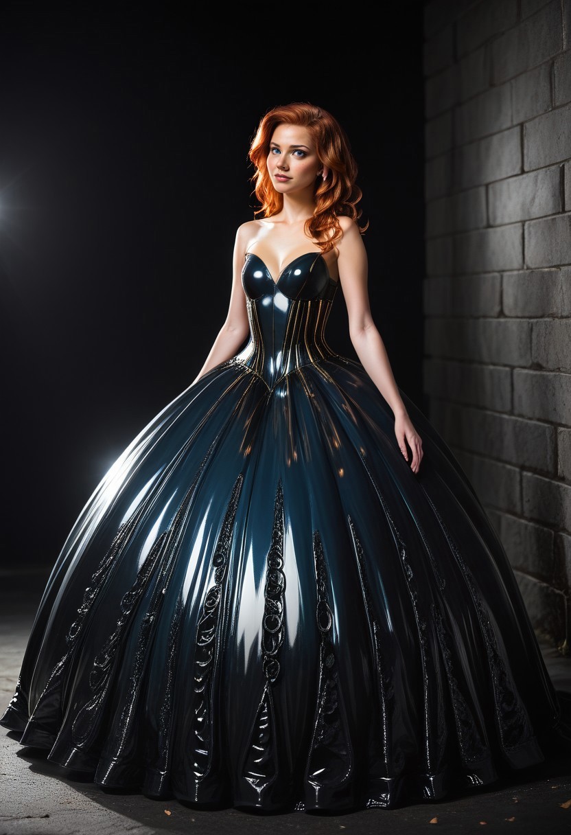 score_9, score_8_up, score_7_up, rating_safe, Fixhand, 
concept art, realistic, dark theme, low light, 1girl, solo.
Ginger hair, Blue eyes.
CrinolineDress, long latex dress dress, ((latex dress)).