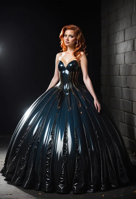 score_9, score_8_up, score_7_up, rating_safe, Fixhand, 
concept art, realistic, dark theme, low light, 1girl, solo.
Ginger hair, Blue eyes.
CrinolineDress, long latex dress dress, ((latex dress)).