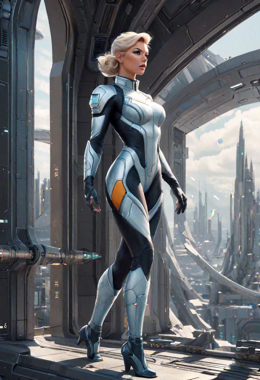 digital painting, pinup, woman, muscular hourglass figure, scifi, space opera,solarpunk,nano-eden, elf, space salvager, full body, wearing skin-tight uniform, noon, architecture, "at the Monochromatic lost Galaxy", by Dmitry Vishnevsky<lora:EnvyPulpScifiXL:0.35>