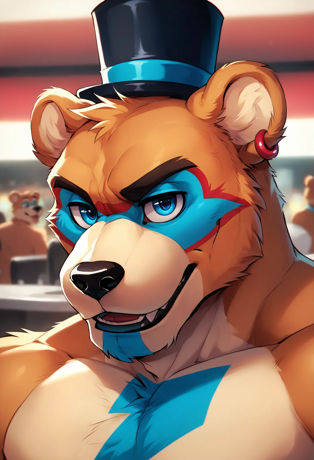score_9, score_8_up, score_7_up, (glamrockfreddy), furry, bear, orange fur, male, chromatic aberration, handsome, close-up, head shot, piercing, top hat, pizzeria, bright background, blue eyes, detailed eyes, correct eyes, masterpiece, amazing quality, best quality, 8k  <lora:Glamrock_Freddy_Furry:0.96>