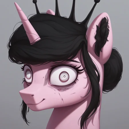 masterpiece, score_9, score_8_up, score_7_up, (best quality:1.1), ultra-detailed, high resolution, 1character, solo, Rosa Maledicta, (Queen of Bones), undead, lich, pony, unicorn, feral, female, mare, (((detailed white dead eyes))), long eyelashes, eyebrows, fluffy pony ears, horn, pale pink skin, rotting skin, closed mouth, looking at the viewer, smile, black mane, hair bun, black prickly crown, highly Visible, sharp focus, perfect lighting, shadow, anatomically correct, extremely detailed, high detail, portrait, expressiveh, simple background