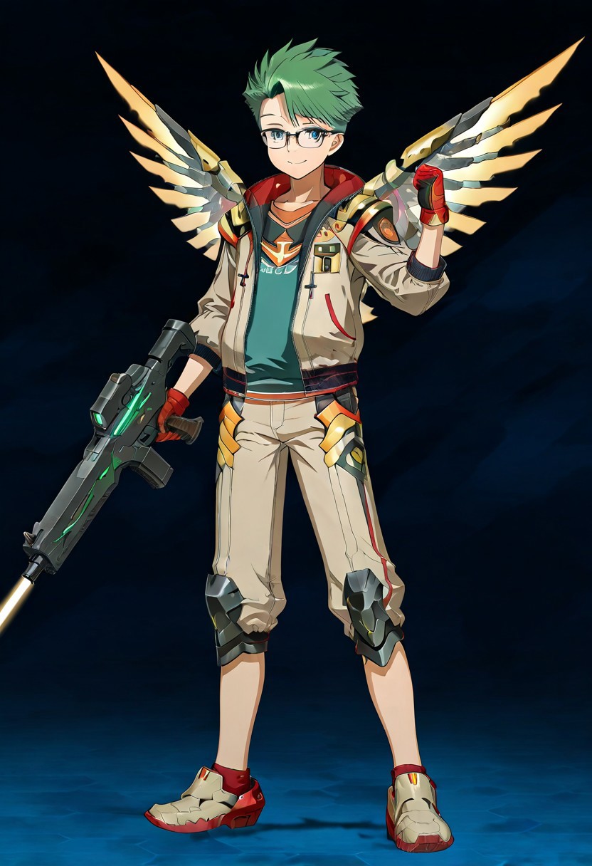 gb4_tao, green hair, short hair, grey eyes, 1boy, solo, male focus, young, teen, glasses, lean body, wear mecha armor with eagle mecha wings, white mecha armor theme, fly toward the viewer, fight pose, high quality,  armaments equipped in the armor,  score_9, futuristic city in the background, BREAK, his right hand is holding beam rifle, high quality, best quality, masterpiece, detailed draw,detailed eyes, detailed face