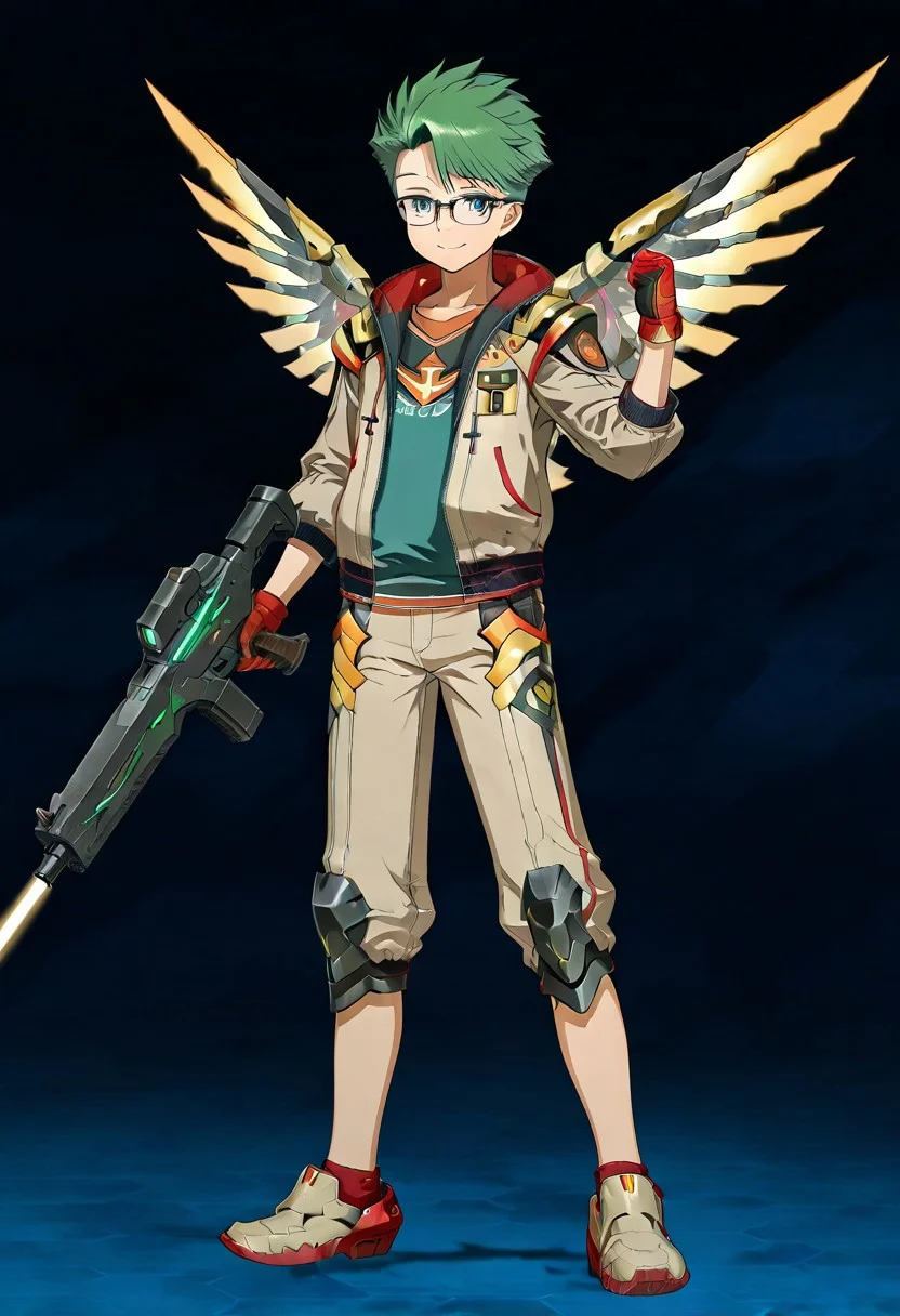 gb4_tao, green hair, short hair, grey eyes, 1boy, solo, male focus, young, teen, glasses, lean body, wear mecha armor with eagle mecha wings, white mecha armor theme, fly toward the viewer, fight pose, high quality, armaments equipped in the armor, score_9, futuristic city in the background, BREAK, his right hand is holding beam rifle, high quality, best quality, masterpiece, detailed draw,detailed eyes, detailed face