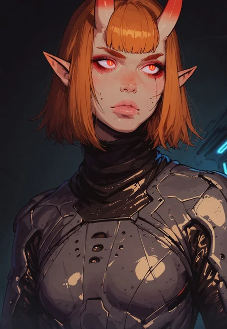 safe_pos, score_9, score_8_up, score_7_up, g0th1c, 43stl1ght1ng, darkness, low light, rimlight, 1ly4, 1girl, monster girl, wide hips, small breasts, toned, oni horns, ginger hair, bangs, short hair, red eyes, glowing eyes, slit pupils, pointy ears, posing, space suit, skintight, scifi, dutch angle, fierce, wide angle, cinematic shot, foggy, spaceship, indoors, horror \(theme\), looking away