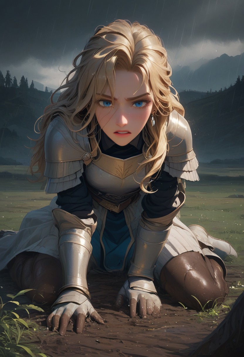 1girl, solo, 24 year old woman, tall, broad, kneeling in the mud:1.4, beautiful, long hair, blonde, freckles:1.4, face uplifted:1.6, face turned to sky, chin lifted to sky, earrings, upset:1.5, tears flowing down her face1.5, teeth clenched:1.4, grimacing in pain:1.3, wide hips, knight armor:1.5, bulky armor, gauntlets, greaves, eyes squeezed shut:1.6, leaning back:1.3, arms at her sides, rain falling on her face:1.5, sorrow, tan skin, on knees,
dusk, after battle, muddy field, some grass, fallen soldiers around her:1.4, faceless knights lying in the mud:1.3, storming, dark gray sky, dark sky:1.4, streaming banners, battlefield, intense rain:1.3, dreary, raining, overcast, mountains and hills in the background,
score_9, score_8_up, score_8, masterpiece, best quality, official art, extremely detailed, CG unity 8k wallpaper, absurdres, high definition, photorealism:1.5, detailed shading, high contrast, ambient occlusion, vivid colors:1.5, saturated colors:1.6, ray tracing, 
downward angle:1.3, cowboy shot, cinematic, from above,
expressiveh,