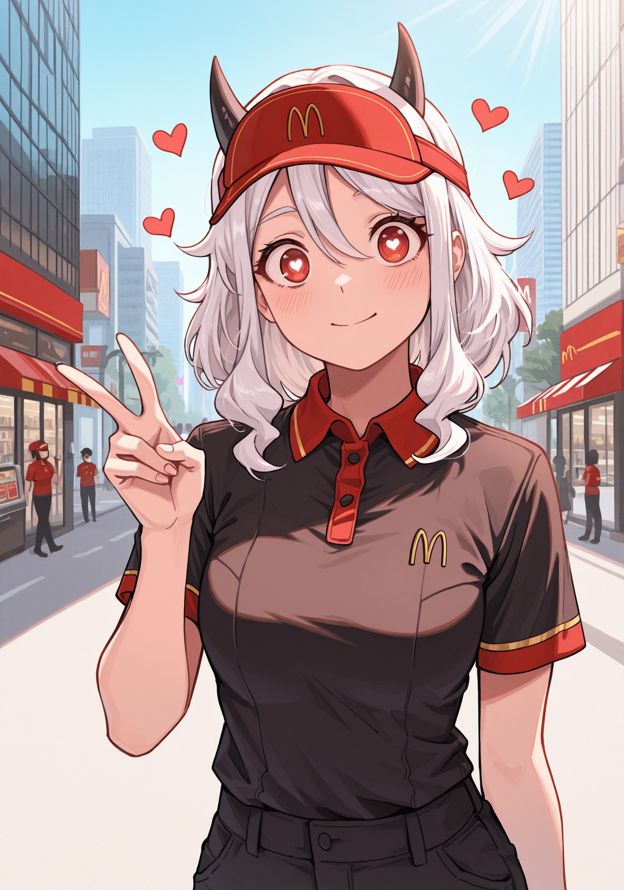 masterpiece, best quality, 1girl, solo, mod3us, medium hair, white hair, hair between eyes, black horns, demon horns, McUniform, black shirt, employee uniform, polo shirt, visor cap, outdoors, urban, day, (peace sign), hand up, upper body, red eyes, heart-shaped pupils, black pants, street, cityscape, chinese signs, skyscraper, sunlight, busy street, crowded, clear sky, looking at viewer