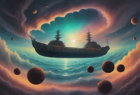Space_In_Shell, psychodelic,in a space, a huge frigate flying  in a space storm on huge energy waves, in the background a huge kraken is visible catching up with the frigate, dark shot,