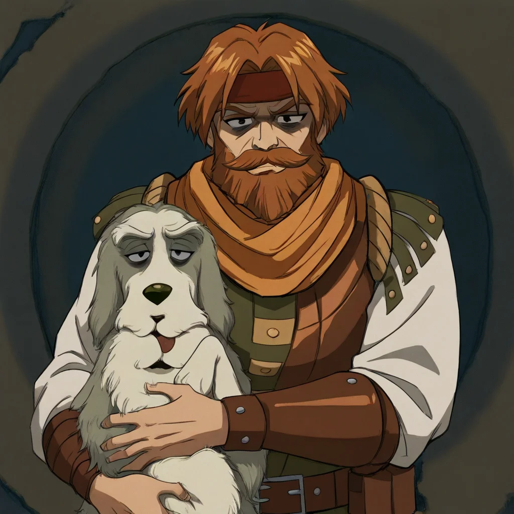 masterpiece, best quality, newest, absurdres, highres, vintage anime, 90s anime, DDstyle, official style, black eyes, shaded eyes, DDHM-V1.0, beard, facial hair, leather armor, dog, hound, mustache, headband, hugg, hugging, hugging dog, hugging pet, hugging animals