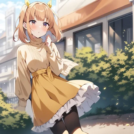 1girl, iijima yun, new game!, aged up, yellow dress, frilly dress, outdoors, masterpiece, best quality, absurdres, very aesthetic
