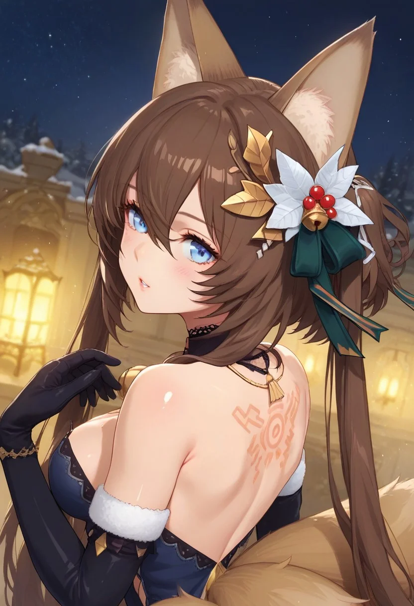 score_9,score_8_up,score_7_up, Expressiveh ,perfecteyes, source anime, beautiful eyes, shiny skin, perfect composition,  
caleen_keemosn, star ocean anamnesis, 
twintails, blue eyes, animal ears,fox ears,  brown hair, long hair,  hair between eyes,  parted lips, breasts, 
caleen_winter,  gloves,  elbow gloves,   dress ,  black gloves, blue dress, bell, cape,  jewelry,  long dress,   cleavage, black footwear, hair ornament, fox tail, 
back_tattoo, back, from behind,  
BREAK
upper body focus,
