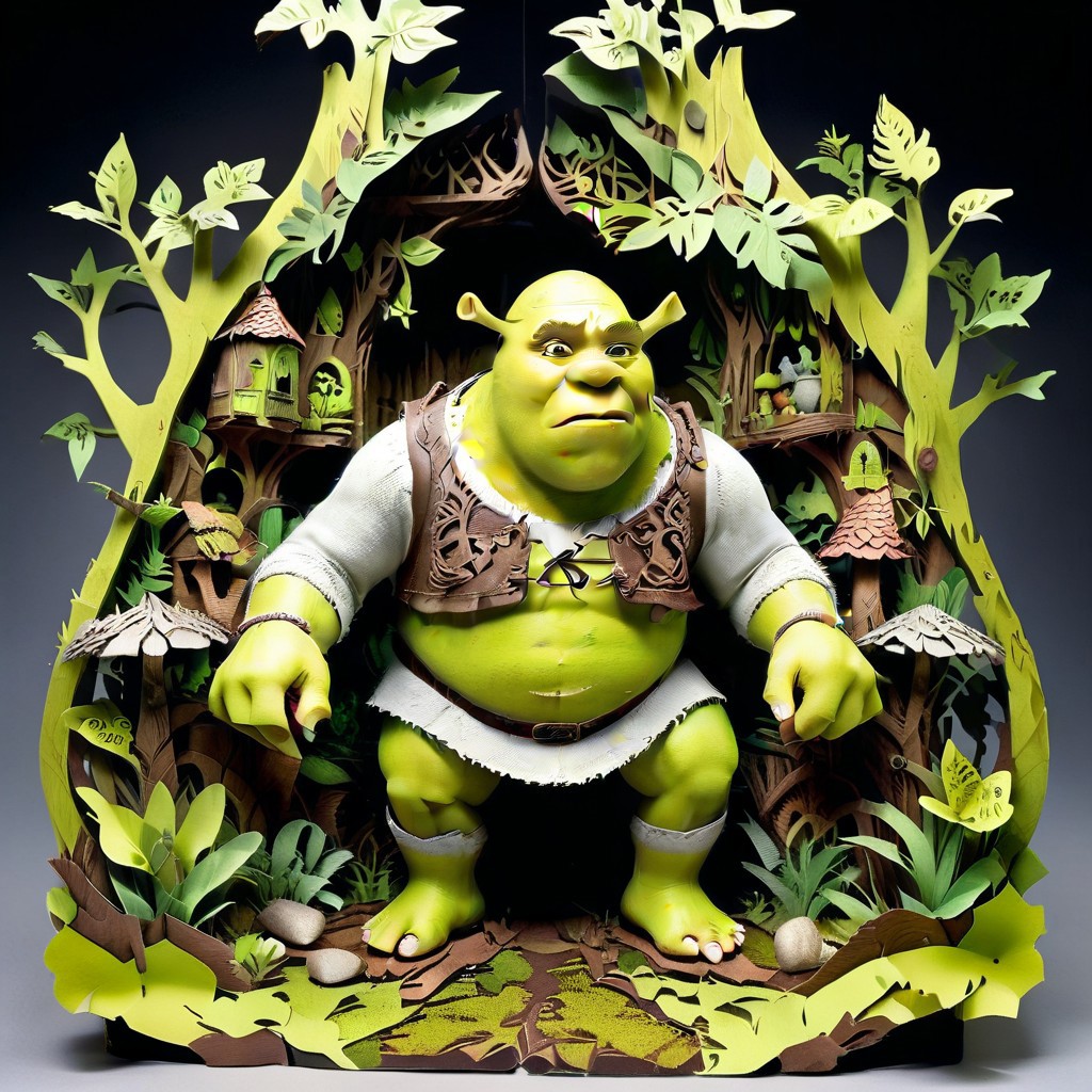 Jed-pprct, <lora:PapercutStyle:1>, Shrek1024, miserable swamp, mud, hollowed out tree stumps, grungy, hut, Historical narrative paintings, raw photo, film grain, (photorealistic, realistic:1.2) , deep shadow, 8k, uhd, dslr, ultra high res masterpiece, full of details, sharp and in focus, highly intricate, cute, colorful, badge, illustrious quality, dynamic dramatic beautiful full taking