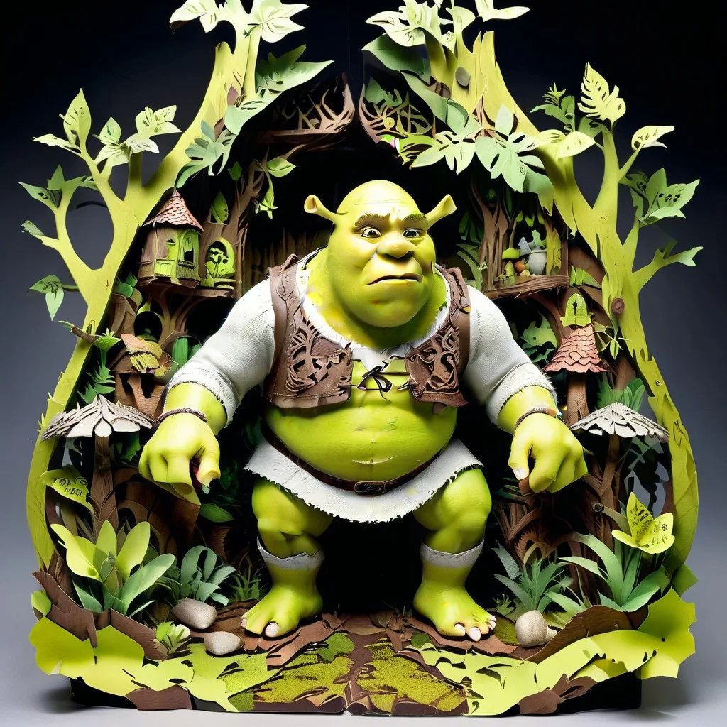Jed-pprct, <lora:PapercutStyle:1>, Shrek1024, miserable swamp, mud, hollowed out tree stumps, grungy, hut, Historical narrative paintings, raw photo, film grain, (photorealistic, realistic:1.2) , deep shadow, 8k, uhd, dslr, ultra high res masterpiece, full of details, sharp and in focus, highly intricate, cute, colorful, badge, illustrious quality, dynamic dramatic beautiful full taking