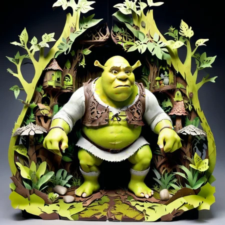 Jed-pprct, <lora:PapercutStyle:1>, Shrek1024, miserable swamp, mud, hollowed out tree stumps, grungy, hut, Historical narrative paintings, raw photo, film grain, (photorealistic, realistic:1.2) , deep shadow, 8k, uhd, dslr, ultra high res masterpiece, full of details, sharp and in focus, highly intricate, cute, colorful, badge, illustrious quality, dynamic dramatic beautiful full taking