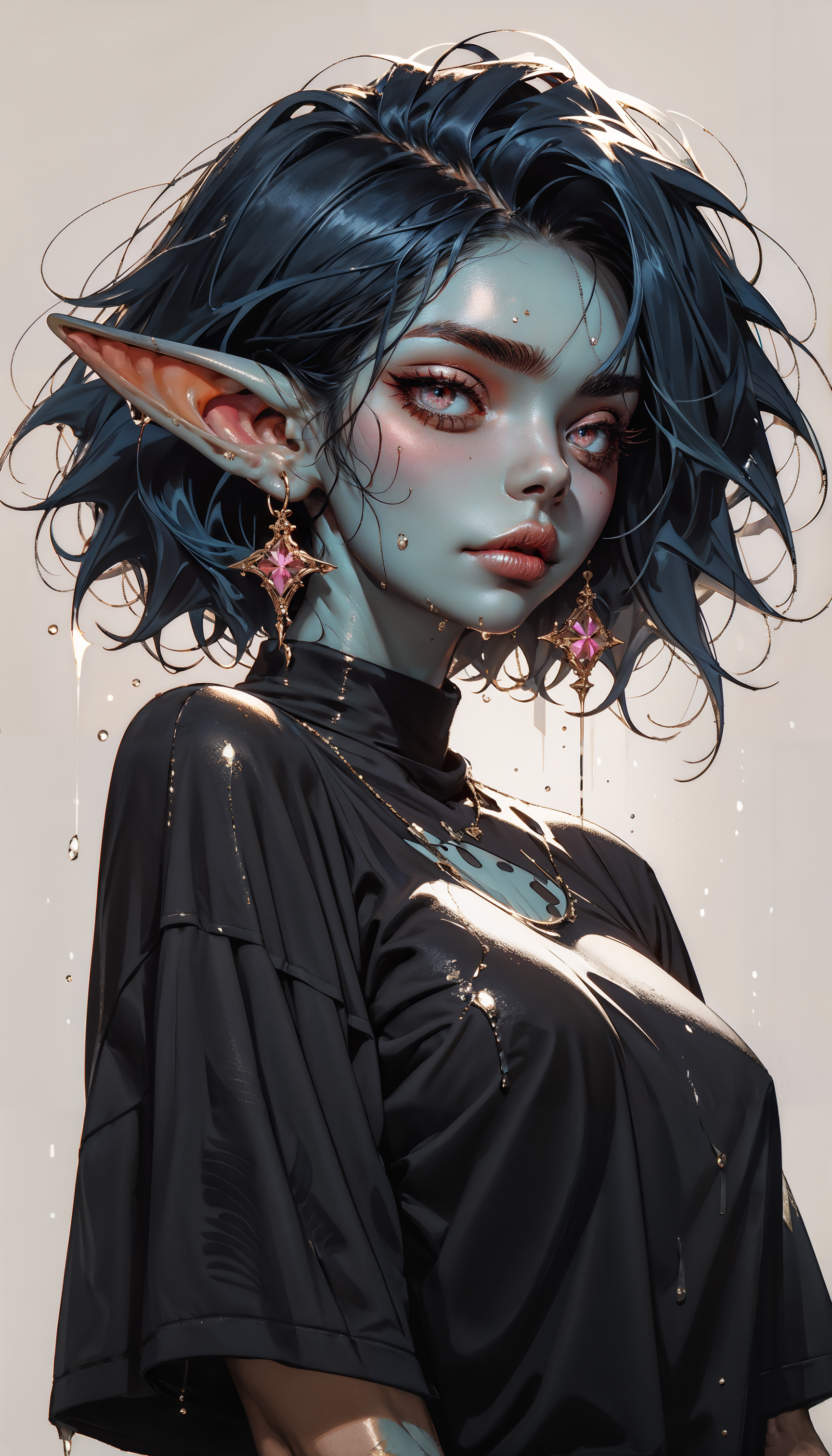 score_9, score_8_up, score_7_up, score_6_up, score_5_up, score_4_up,  source_anime, 1girl, curvy chest, xxl shirt, goblin ears, dark and blue skin, dark blue hair, pink eyes, wet body,  <lora:Expressive_H-000001:0.6>, expressiveH    <lora:g0th1cPXL:0.4> <lora:incase_style_v3-1_ponyxl_ilff:0.3>    <lora:sinfully_stylish_SDXL:0.4>