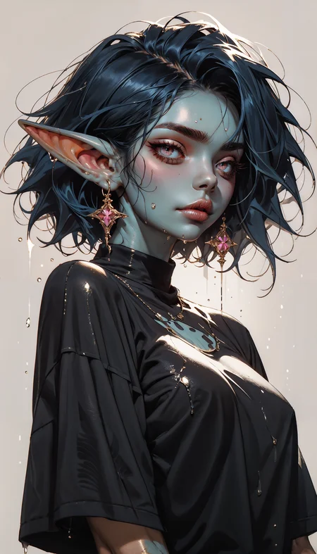 score_9, score_8_up, score_7_up, score_6_up, score_5_up, score_4_up, source_anime, 1girl, curvy chest, xxl shirt, goblin ears, dark and blue skin, dark blue hair, pink eyes, wet body, <lora:Expressive_H-000001:0.6>, expressiveH <lora:g0th1cPXL:0.4> <lora:incase_style_v3-1_ponyxl_ilff:0.3> <lora:sinfully_stylish_SDXL:0.4>
