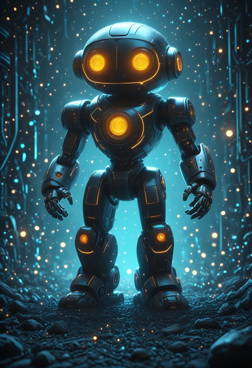 A hyperrealistic cute and funny pixar movie like 3d render of a robot, simple background, monochrom background, cubes and sphere background, futuristic, biomech vibes, mobe-cybideen, masterpiece, absurdres, vibrant, scifi spacescape setting, dynamic angle, dynamic pose, dramatic light, highly detailed, high resolution textures, ultra high resolution,