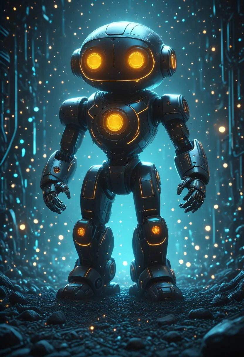 A hyperrealistic cute and funny pixar movie like 3d render of a robot, simple background, monochrom background, cubes and sphere background, futuristic, biomech vibes, mobe-cybideen, masterpiece, absurdres, vibrant, scifi spacescape setting, dynamic angle, dynamic pose, dramatic light, highly detailed, high resolution textures, ultra high resolution,