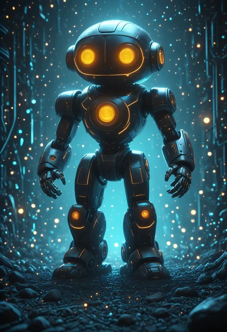 A hyperrealistic cute and funny pixar movie like 3d render of a robot, simple background, monochrom background, cubes and sphere background, futuristic, biomech vibes, mobe-cybideen, masterpiece, absurdres, vibrant, scifi spacescape setting, dynamic angle, dynamic pose, dramatic light, highly detailed, high resolution textures, ultra high resolution,