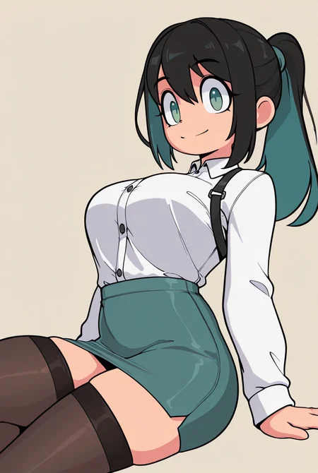 sslt, masterpiece, best quality, absurdres, highres, high quality, highly detailed, aesthetic, vibrant colors, upperbody, solo, 1girl, long black hair, ponytail, aqua green eyes, lounging, large breasts, dress shirt, pencil shortskirt, thighhighs, garted straps, simple background, smile, looking at viewer,